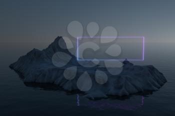 Neon square on the island of snow mountain on the sea, 3d rendering. Computer digital drawing.