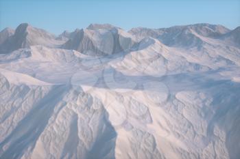 A stretch of snow mountain with blue sky, 3d rendering. Computer digital drawing.