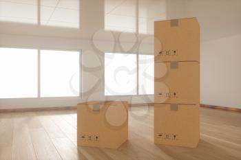 Stacked cardboard in the empty room, with sunlight come from the windows, 3d rendering. Computer digital drawing.