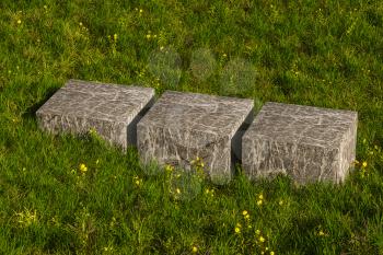 Empty platform in the grass field, 3d rendering. Computer digital drawing.