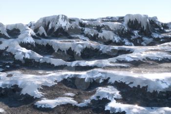 Mountain landscape tops covered with snow, 3d rendering. Computer digital drawing.