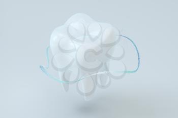 White tooth with blue gradient particles surrounded, 3d rendering. Computer digital drawing.