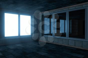 Empty brick house with dark background,3d rendering. Computer digital drawing.