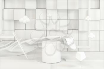 Creative cartoon room with a round podium in the centre, 3d rendering, Computer digital drawing.