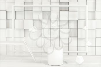 Creative cartoon room with a round podium in the centre, 3d rendering, Computer digital drawing.