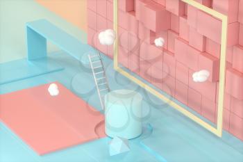 Creative cartoon room with a round podium in the centre, 3d rendering, Computer digital drawing.