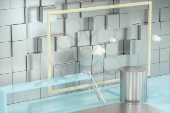 Creative cartoon room with a round podium in the centre, 3d rendering, Computer digital drawing.