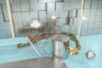 Creative cartoon room with a round podium in the centre, 3d rendering, Computer digital drawing.