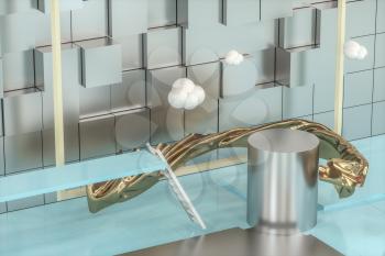 Creative cartoon room with a round podium in the centre, 3d rendering, Computer digital drawing.