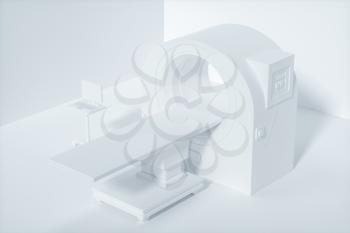 The medical equipment CT machine in the white empty room, 3d rendering. Computer digital drawing.