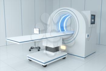 The medical equipment CT machine in the white empty room, 3d rendering. Computer digital drawing.