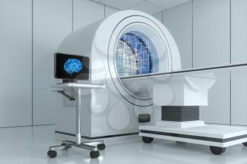 The medical equipment CT machine in the white empty room, 3d rendering. Computer digital drawing.