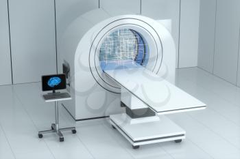 The medical equipment CT machine in the white empty room, 3d rendering. Computer digital drawing.