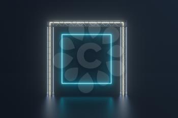 Steel frame and luminous cubes, 3d rendering. Computer digital drawing.