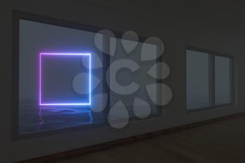 Empty room and neon, dark background ,3d rendering. Computer digital drawing.