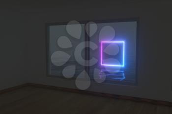 Empty room and neon, dark background ,3d rendering. Computer digital drawing.