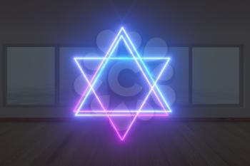 Empty room and neon, dark background ,3d rendering. Computer digital drawing.
