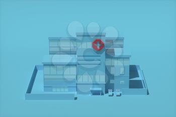 Hospital model with blue background,abstract conception,3d rendering. Computer digital drawing.