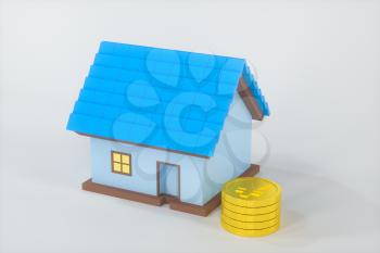 The small house model beside the golden coins, 3d rendering. Computer digital drawing.