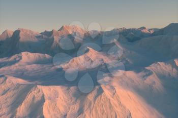 A stretch of snow mountain with blue sky, 3d rendering. Computer digital drawing.