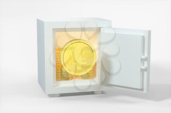 Mechanical safe, with shiny golden coins inside, 3d rendering. Computer digital drawing.