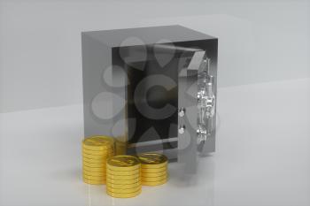 Mechanical safe, with shiny golden coins beside, 3d rendering. Computer digital drawing.