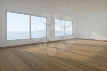 The empty room with wooden floor. Out of the window is the sea. 3d rendering. Computer digital drawing.