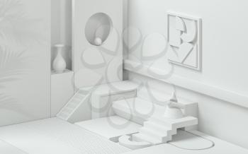 Room filled with creative geometrical shapes, 3d rendering. Computer digital drawing.