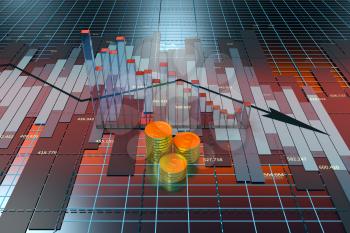 The decrease of the economical data, business statistics, 3d rendering. Computer digital drawing.