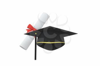 Graduate hat with diploma aside on white background, 3d rendering. Computer digital drawing.