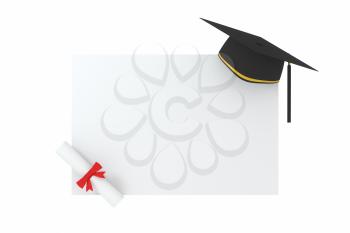 Graduate hat with white board background, 3d rendering. Computer digital drawing.