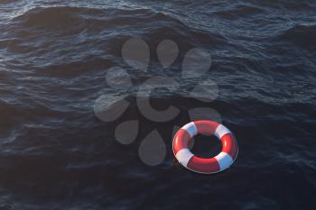 Life buoy on the ocean surface, 3d rendering. Computer digital drawing.