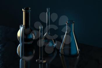 Chemistry glassware with dark background, 3d rendering. Computer digital drawing.