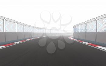 View of the infinity empty asphalt international race track, 3d rendering. Computer digital drawing.