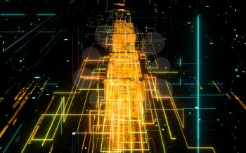 Glowing electronics lines with circuit structure, 3d rendering. Computer digital drawing.