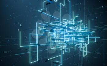 Glowing electronics lines with circuit structure, 3d rendering. Computer digital drawing.