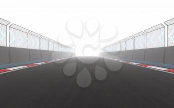 View of the infinity empty asphalt international race track, 3d rendering. Computer digital drawing.