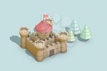 Cartoon castle in the wild, raster illustration. Computer digital drawing.