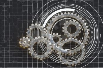 Mechanical gears and blueprint lines, 3d rendering. Computer digital drawing.