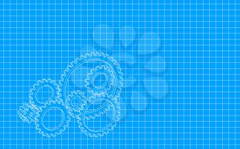 Gear design with blueprint style, grid pattern, raster illustration. Computer digital drawing.