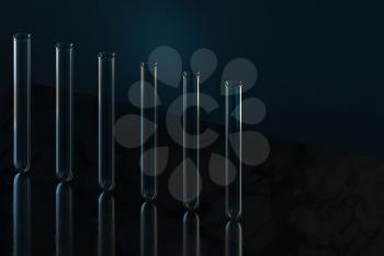 Chemistry glassware with dark background, 3d rendering. Computer digital drawing.