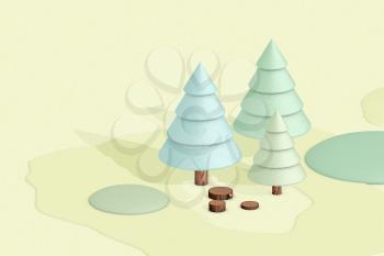 Cartoon trees, cut down forest, 3d cartoon rendering. Computer digital drawing.