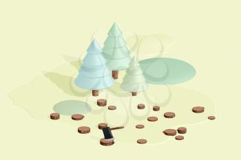 Cartoon trees, cut down forest, 3d cartoon rendering. Computer digital drawing.