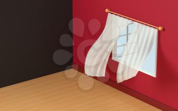 Empty room with blowing curtain, interior background, 3d rendering. Computer digital drawing.