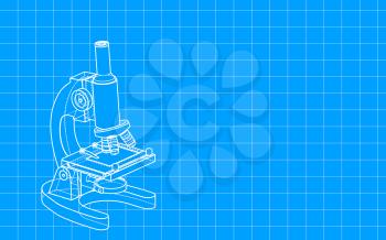 Hand-drawn microscope with blueprint style, raster illustration. Computer digital drawing.