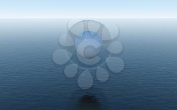 Water sphere over the calm ocean, fantastic scene, 3d rendering. Computer digital drawing.