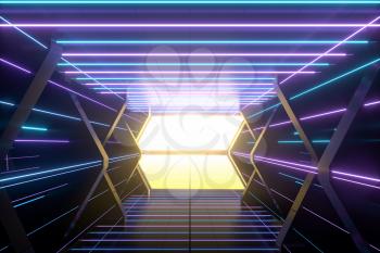 Dark spaceship tunnel with glowing lines, 3d rendering. Computer digital drawing.