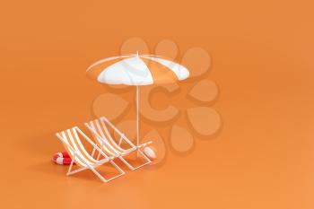 Sunshade, beach chair with orange background, 3d rendering. Computer digital drawing.