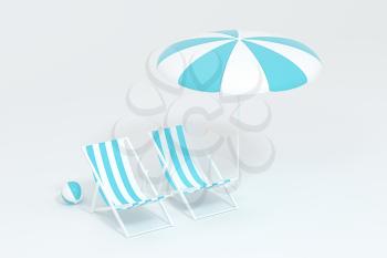 Sunshade, beach chair with orange background, 3d rendering. Computer digital drawing.