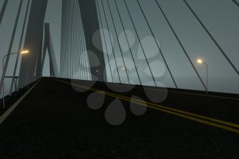 Asphalt road on the suspension bridge at night, 3d rendering. Computer digital drawing.